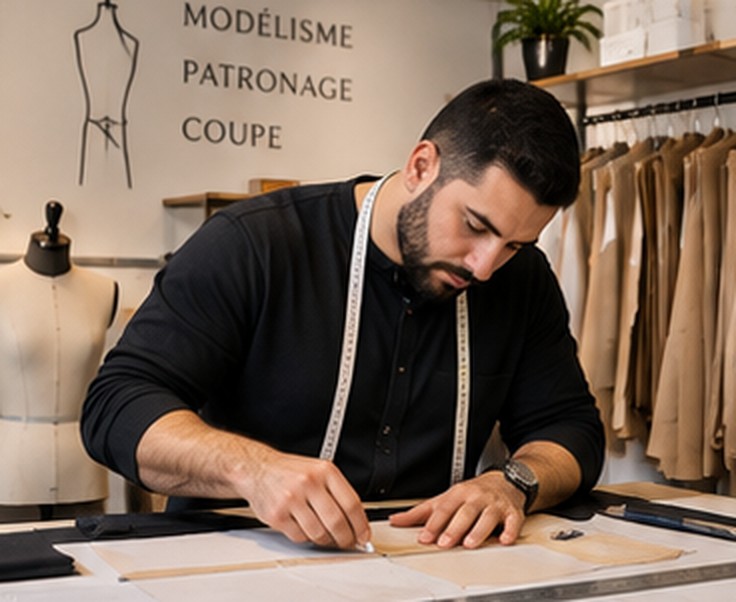 Joseph, modéliste coupeur, trace un patron à sa table dans son atelier du Sentier à Paris