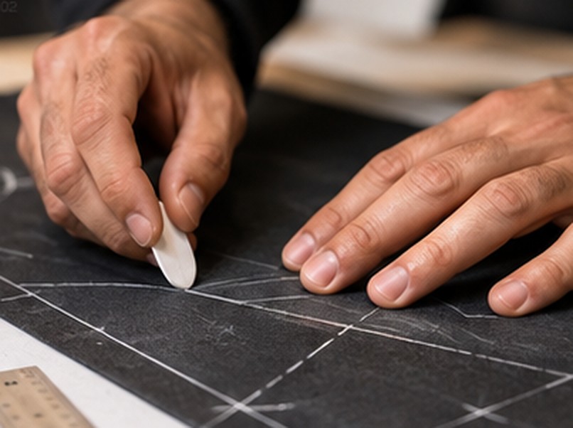 Tracé à la craie de tailleur sur un tissu noir, main du modéliste au travail