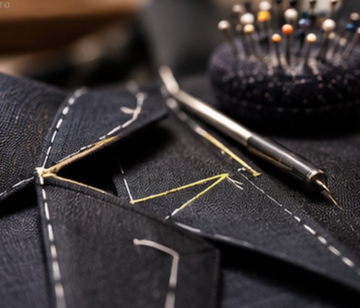 Détail d'un cran de montage, épingles de tailleur et compas sur tissu noir